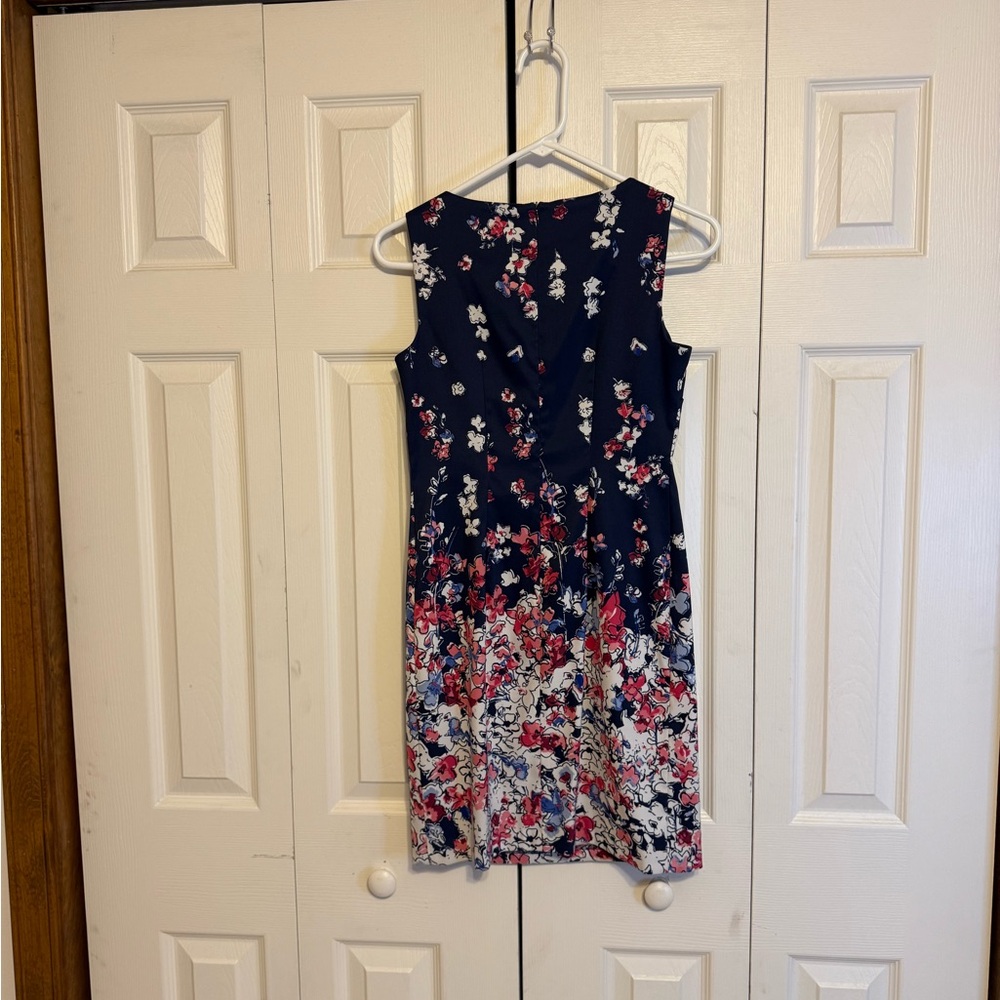 Alyx Blue and Pink Sheath Midi Dress Sleeveless Crew‎ Neck